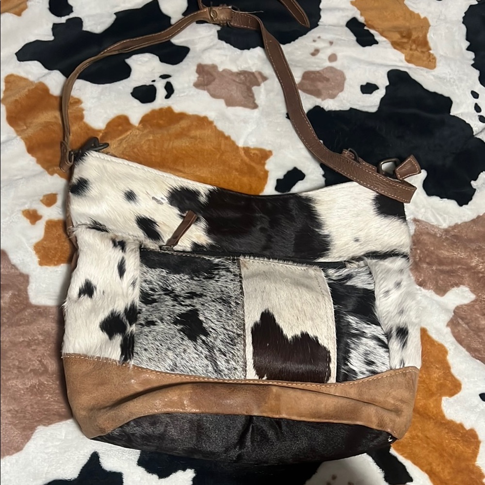 Myra Bag Cowhide Shoulder Bag in Black, White, and Brown